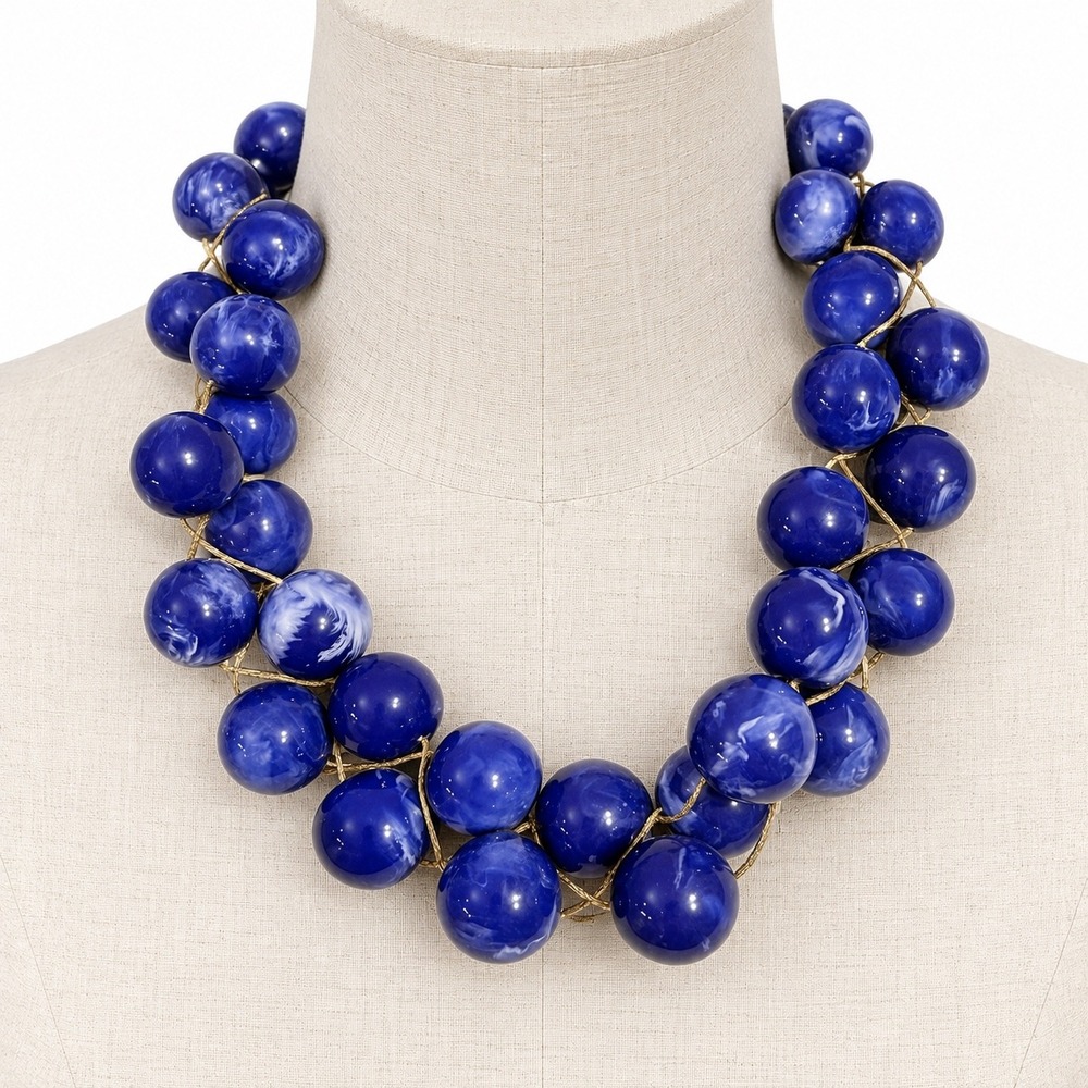 Tuleste Resin Bead Necklace Blue Marbled Chunky Cluster Statement Gold Tone